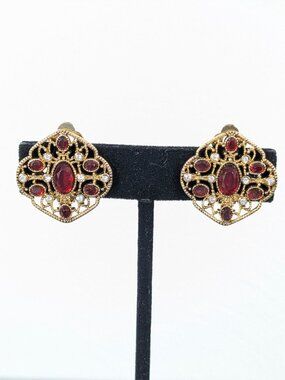 CHAPS Gold Tone Red Rhinestone Open Metal Work Clip On Earrings Evening Elegant